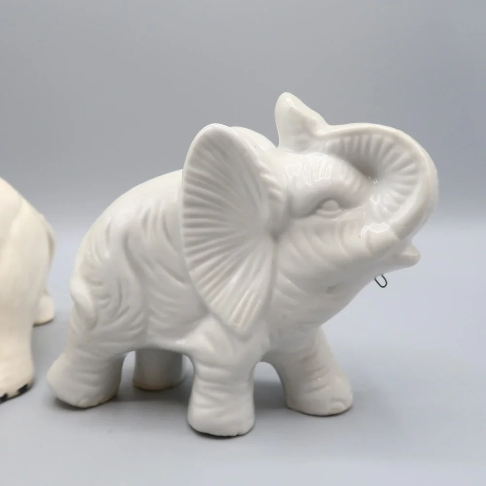 2 White Ceramic Elephant Figurine Trunk Up‎ Tusks 6in & 4in Lot of 2 set
